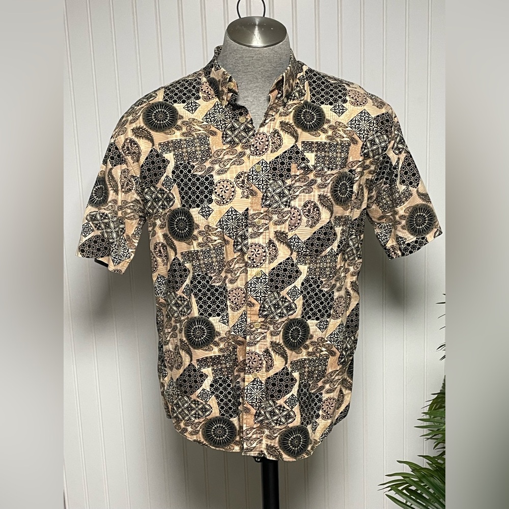 Natural Issue Brown Black Paisley Geometric‎ Button Down Shirt Mens Large
